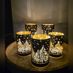 Beautiful Black&Gold Battery Operated Candle Votives With Fairy Lights Set Of 5